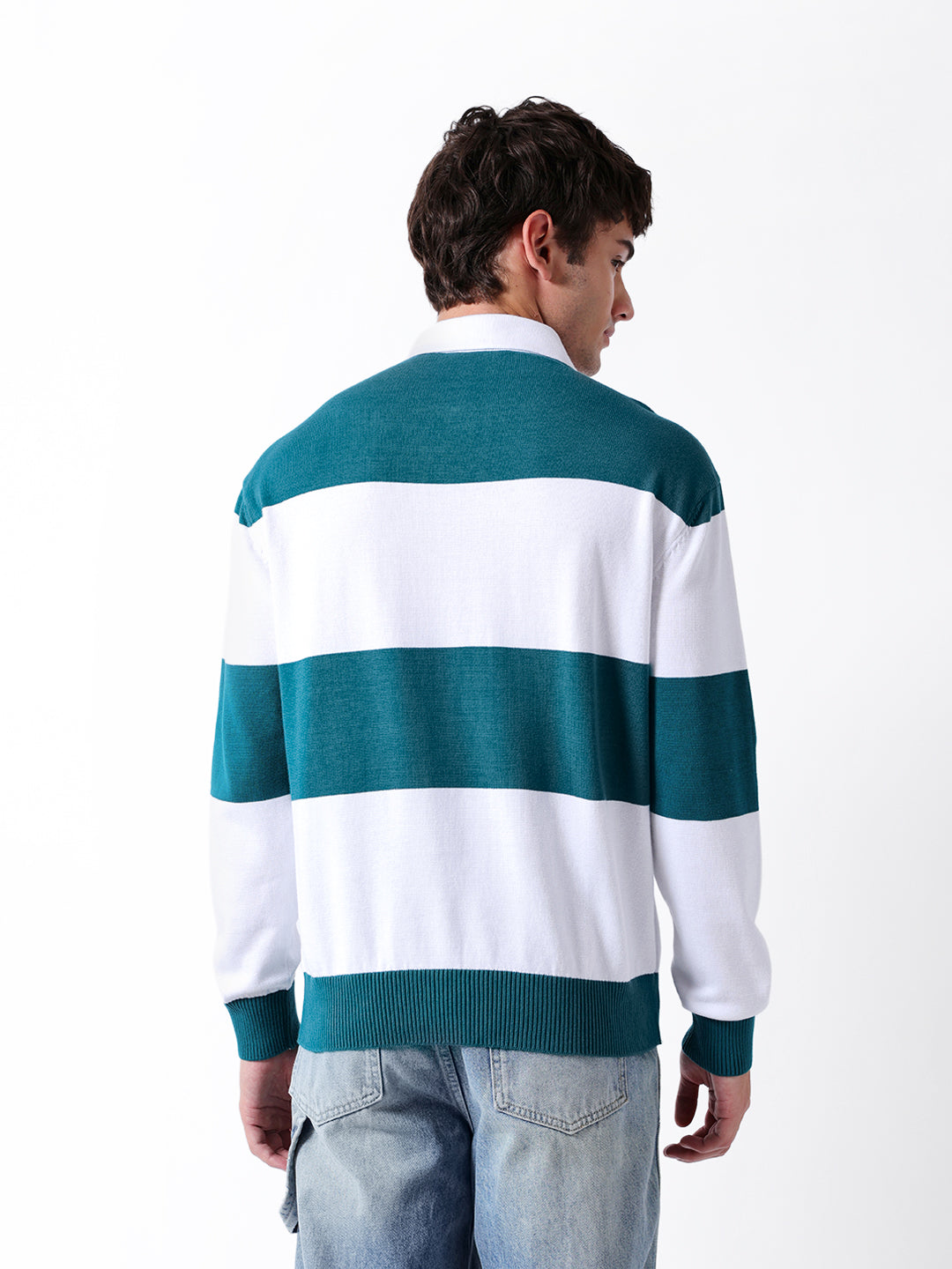 Men Teal Striped Cotton Polo T-Shirt