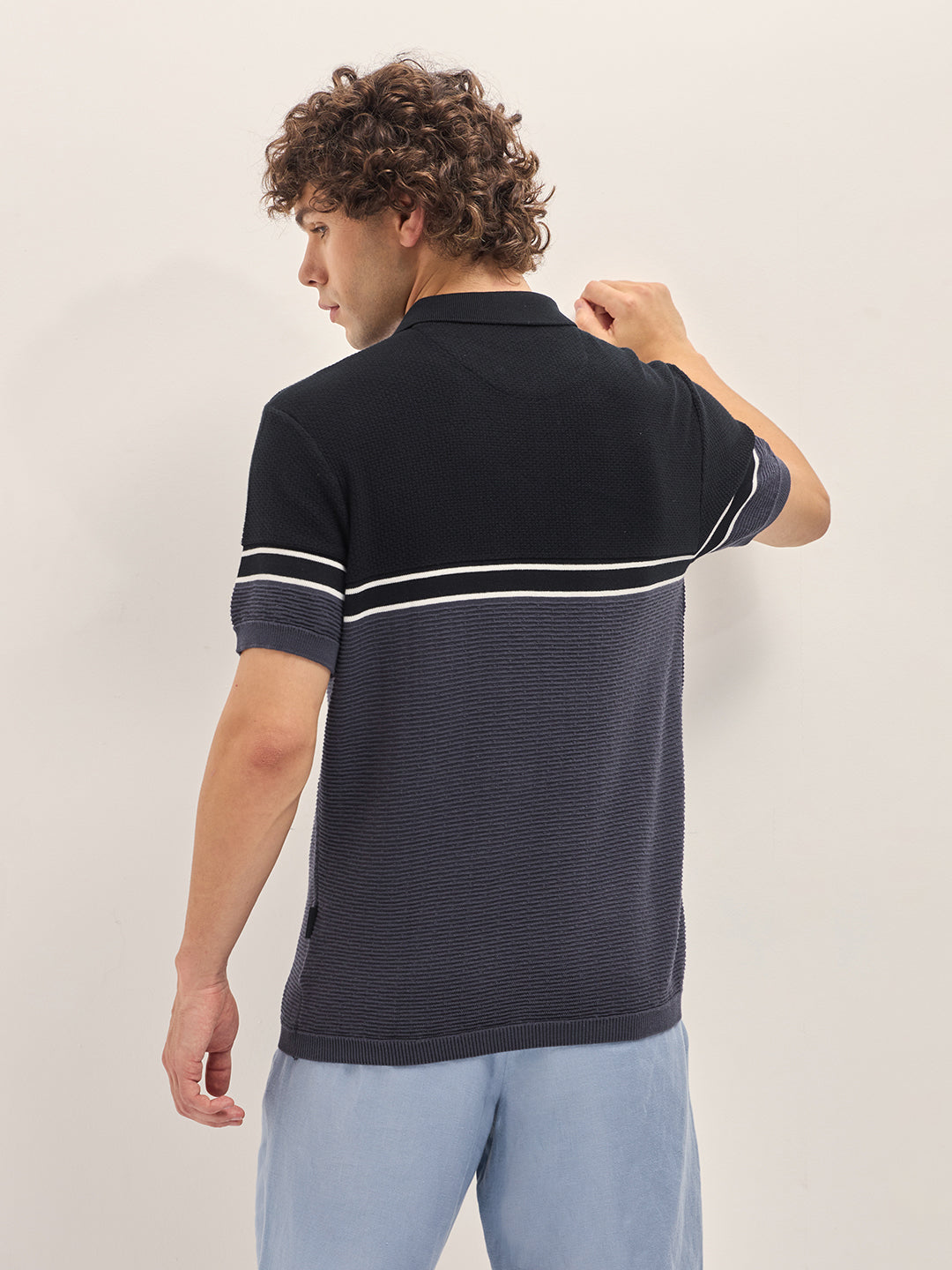 Men BlackBlue Dual-tone Textured Knit Regular Fit Polo T-shirt