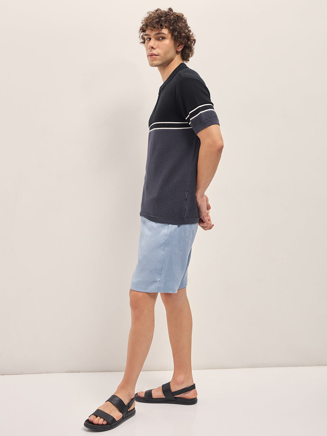 Men BlackBlue Dual-tone Textured Knit Regular Fit Polo T-shirt