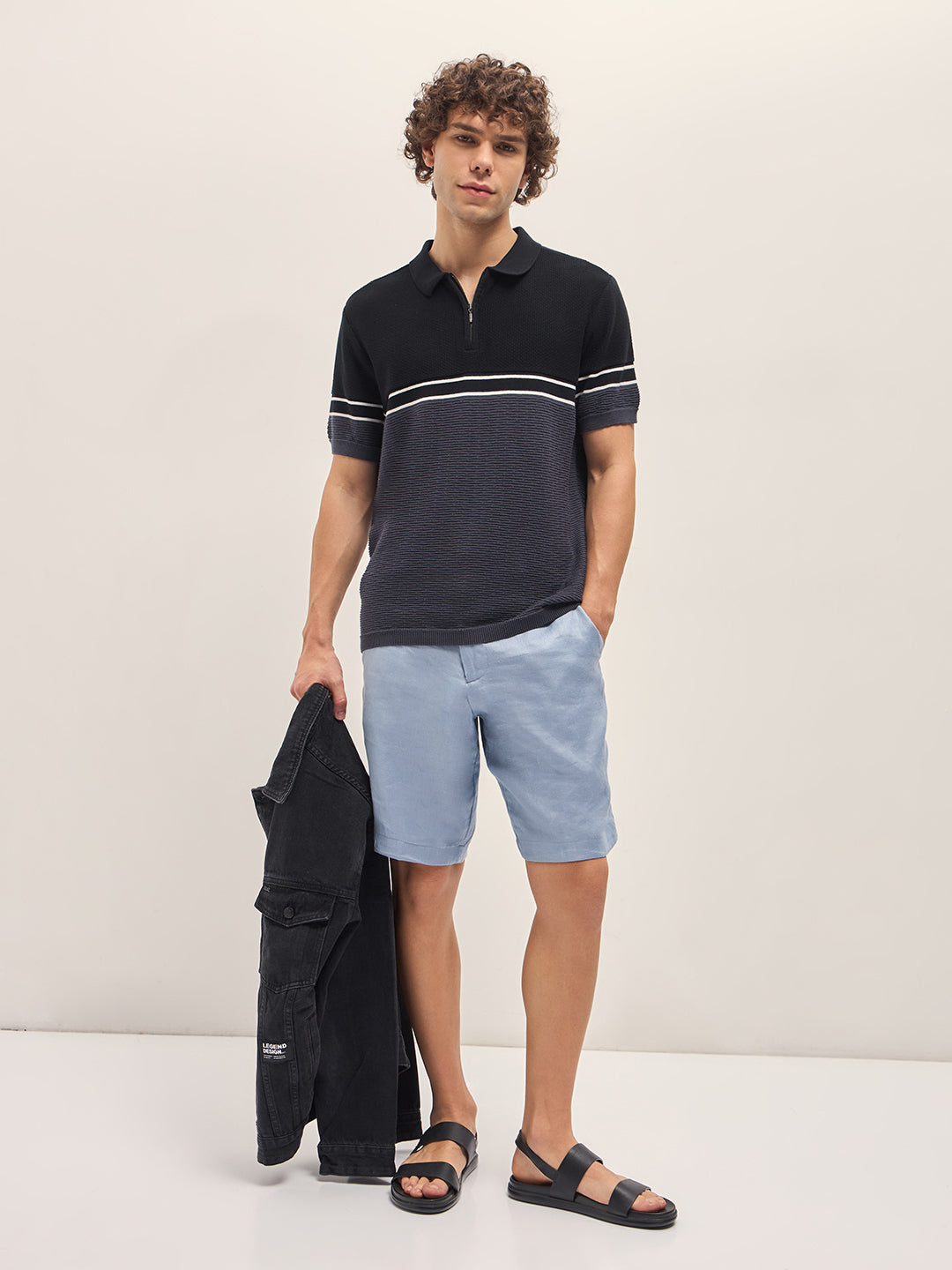 Men BlackBlue Dual-tone Textured Knit Regular Fit Polo T-shirt