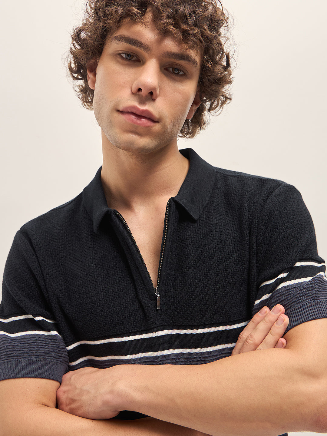Men BlackBlue Dual-tone Textured Knit Regular Fit Polo T-shirt