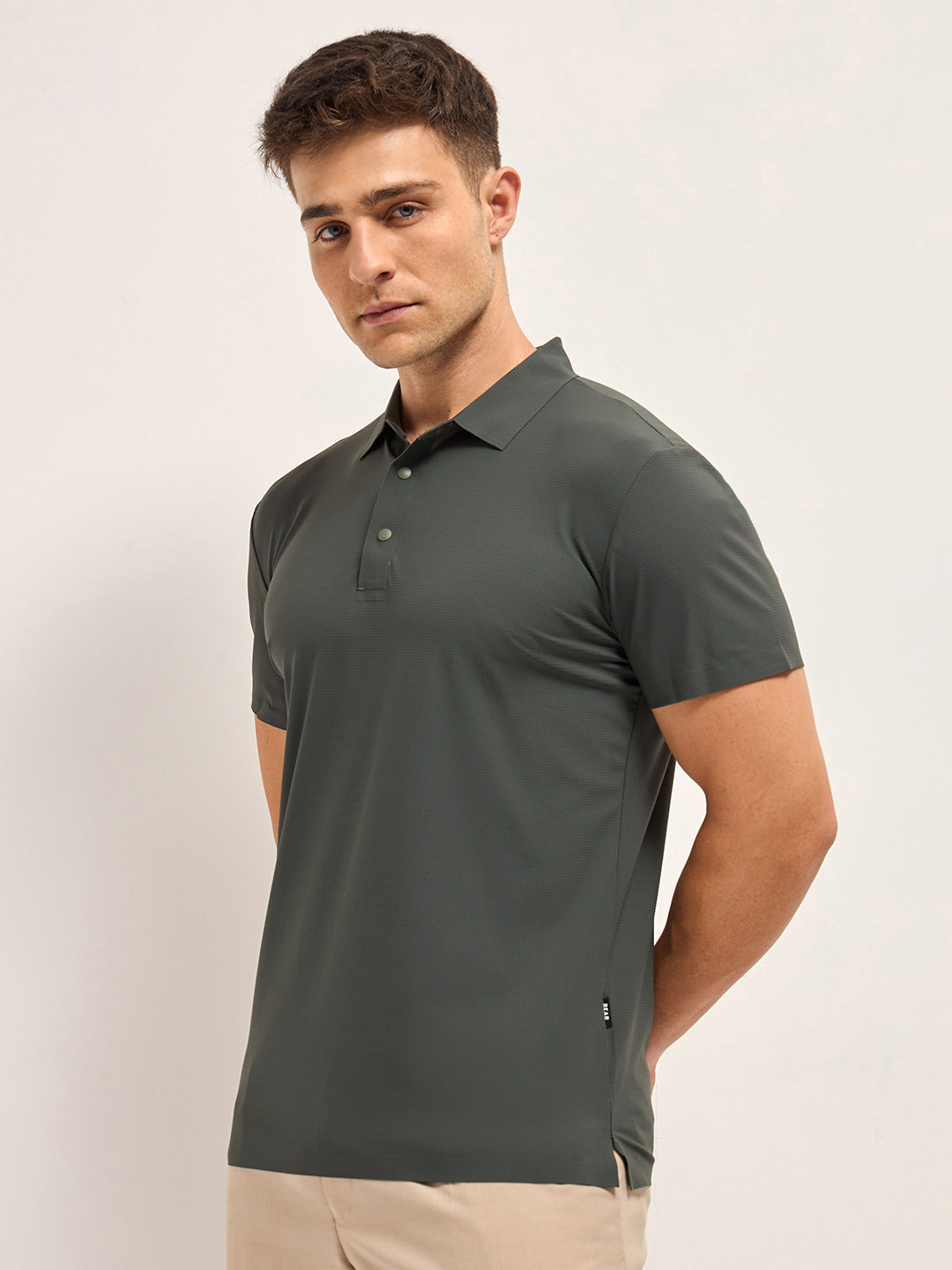 Men Charcoal Self Design Slim Fit Polo T-shirt