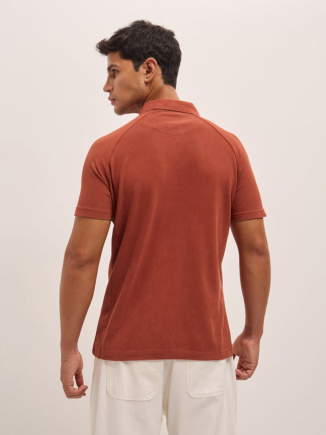 Men Rust Solid Regular Fit Polo Collar T-shirt