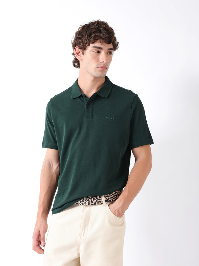Men Green Solid Cotton Polo T-Shirt