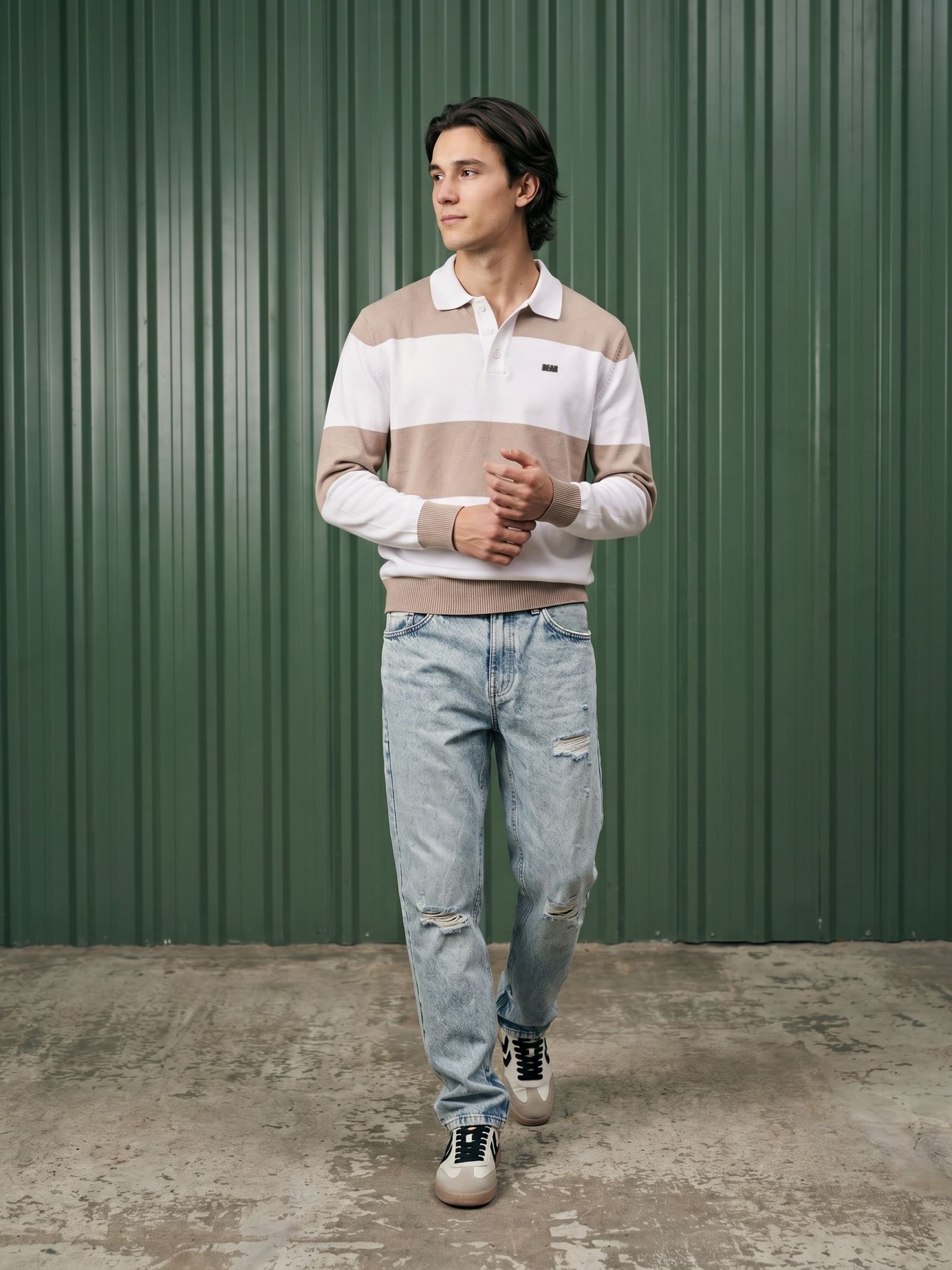 Men Peach Striped Cotton Flat Knit Polo T-Shirt