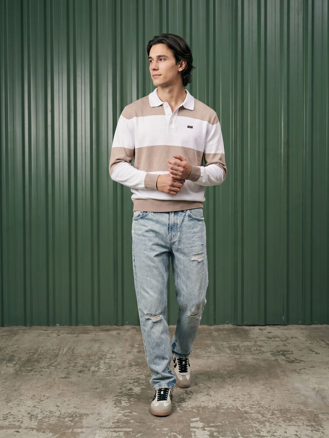 Men Peach Striped Cotton Flat Knit Polo T-Shirt