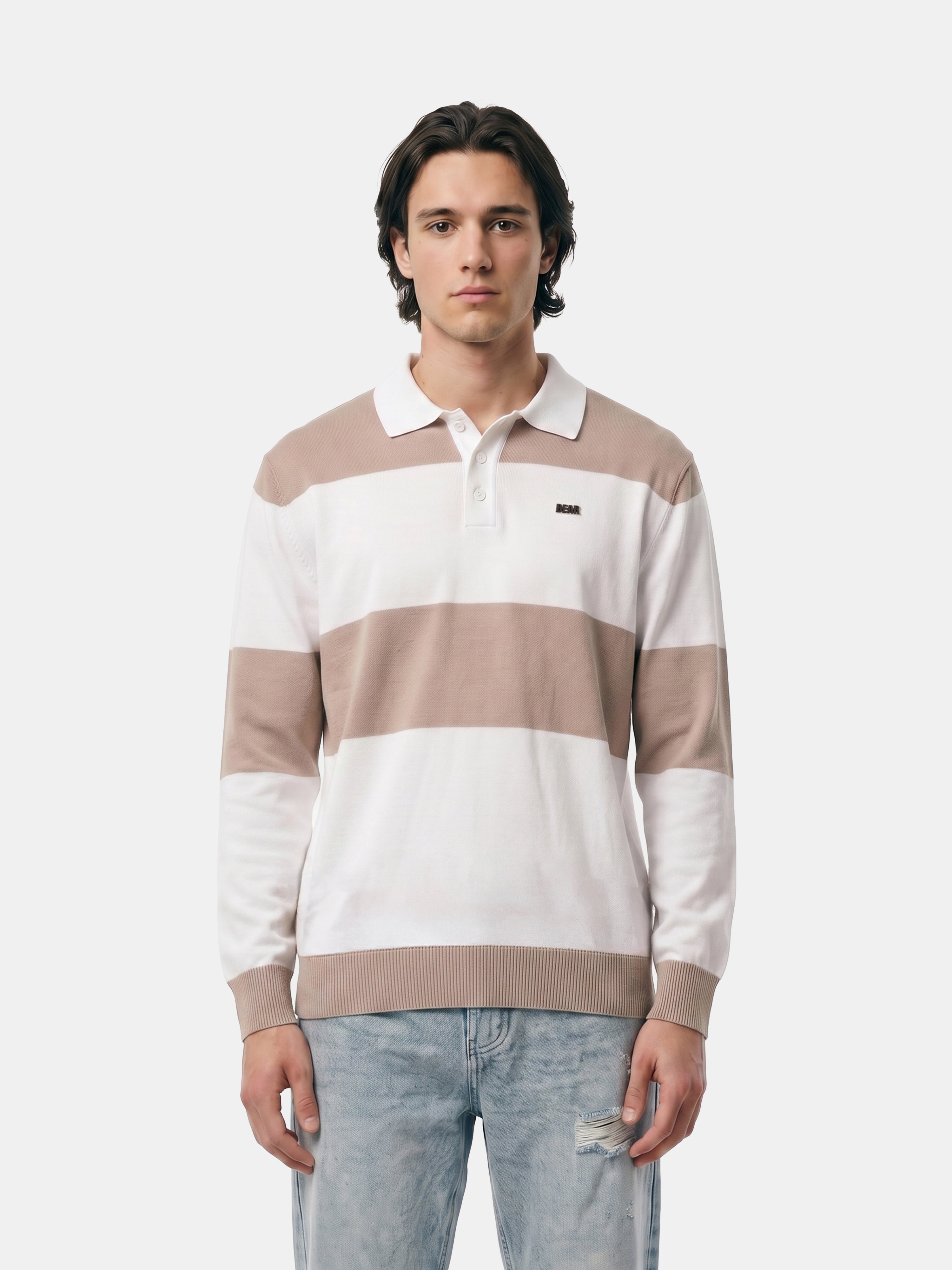Men Peach Striped Cotton Flat Knit Polo T-Shirt