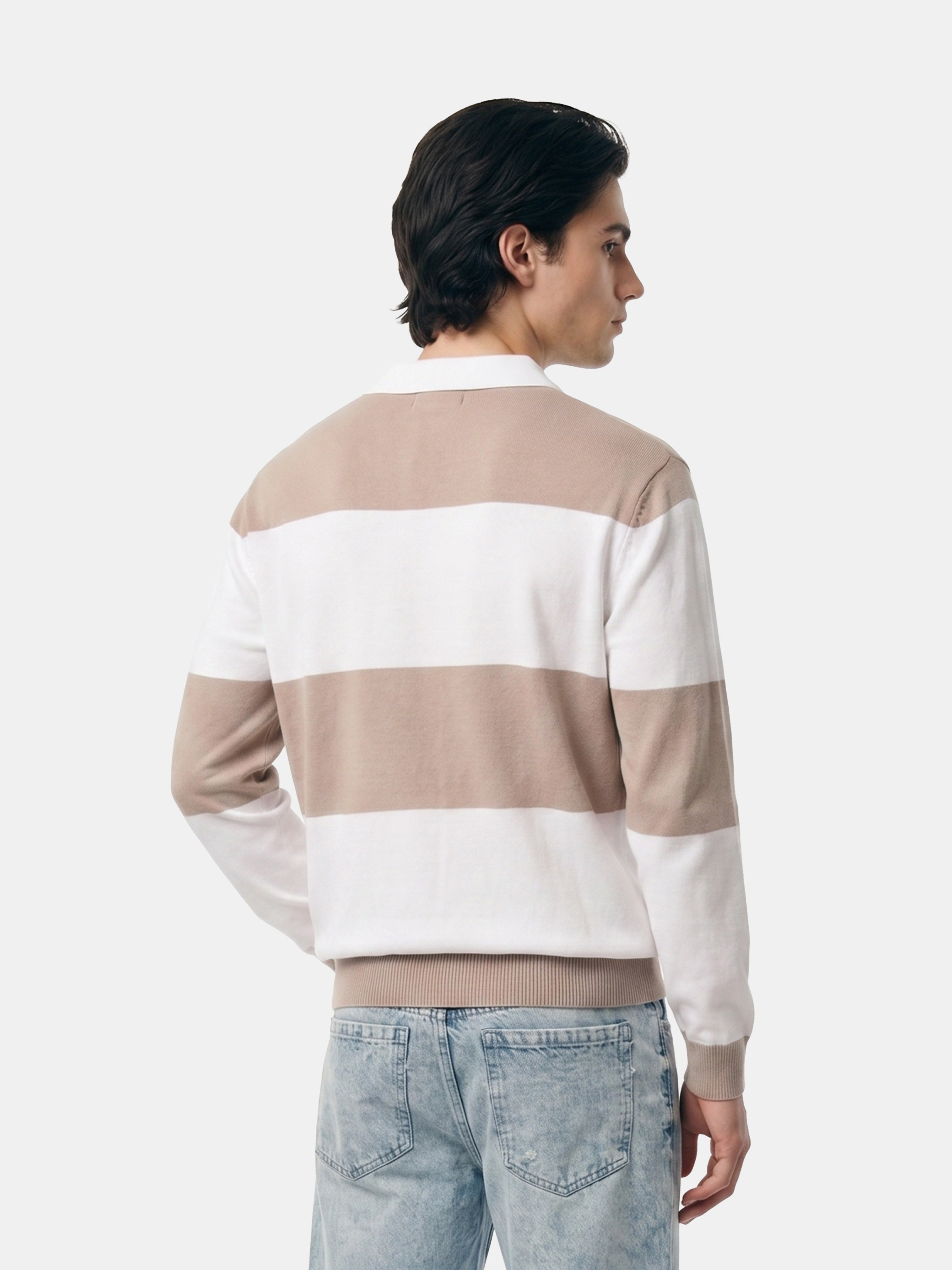 Men Peach Striped Cotton Flat Knit Polo T-Shirt