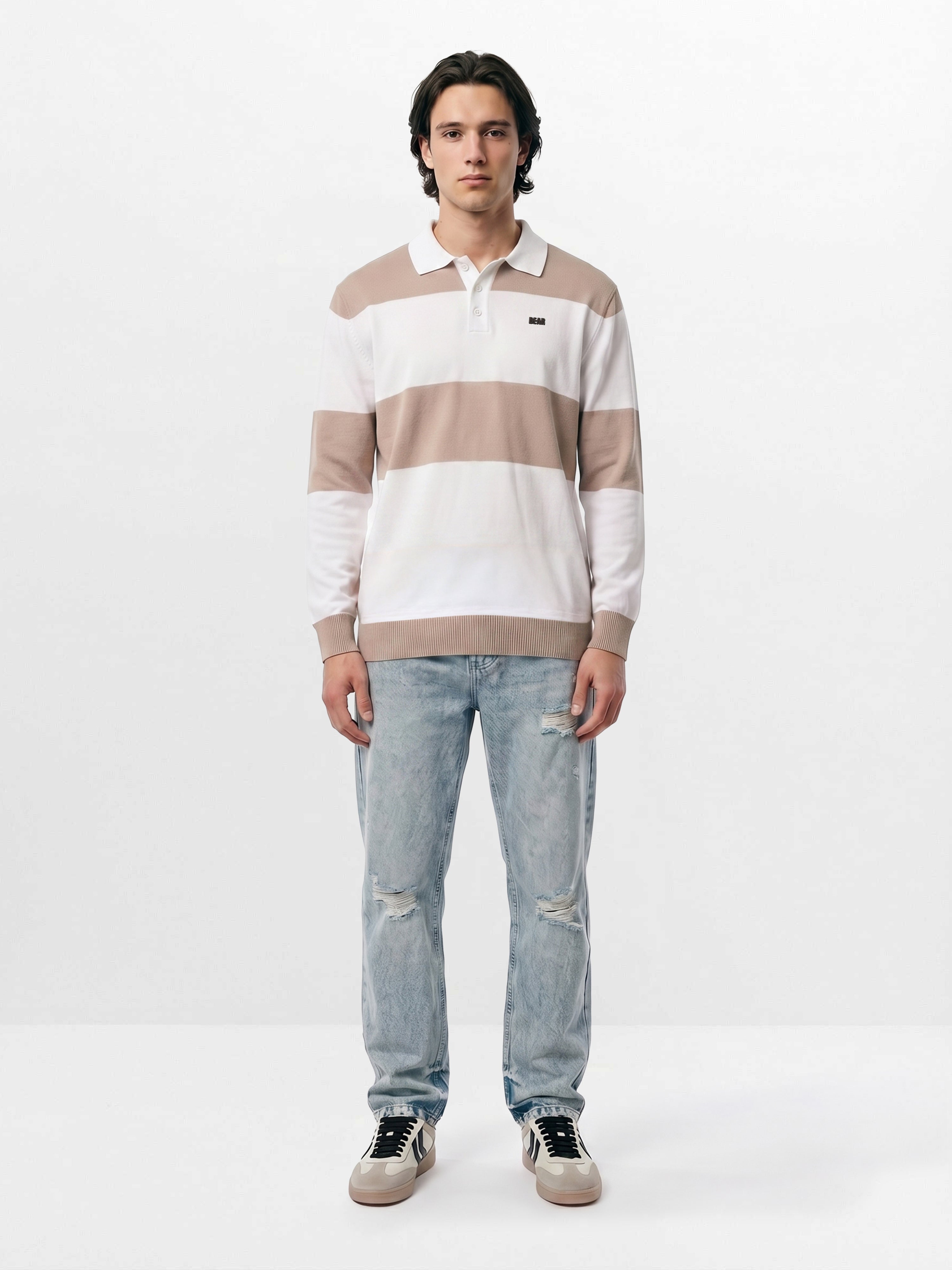 Men Peach Striped Cotton Flat Knit Polo T-Shirt