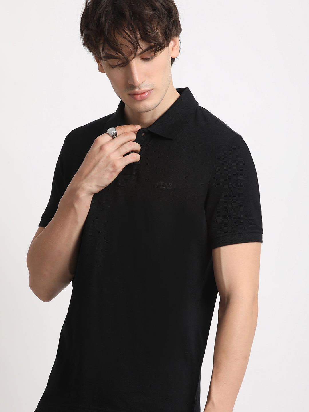 Men Black Solid Slim Fit Polo Collar T-shirt