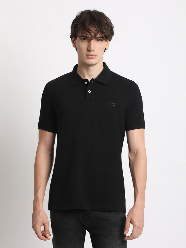 Men Black Solid Slim Fit Polo Collar T-shirt