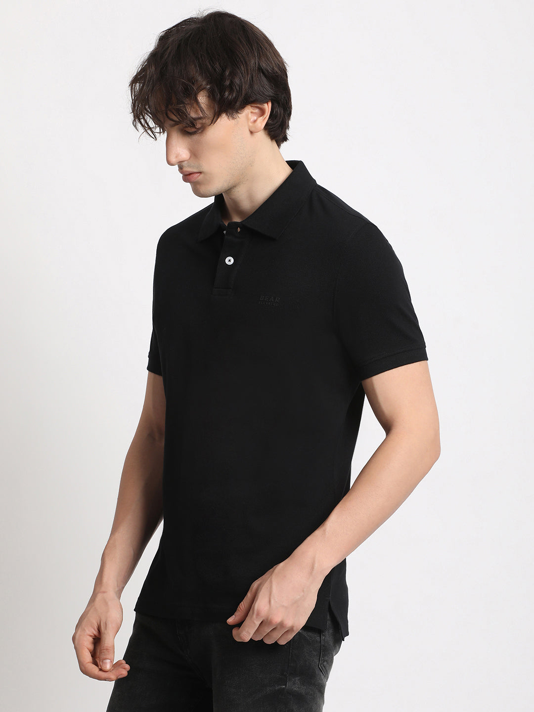 Men Black Solid Slim Fit Polo Collar T-shirt