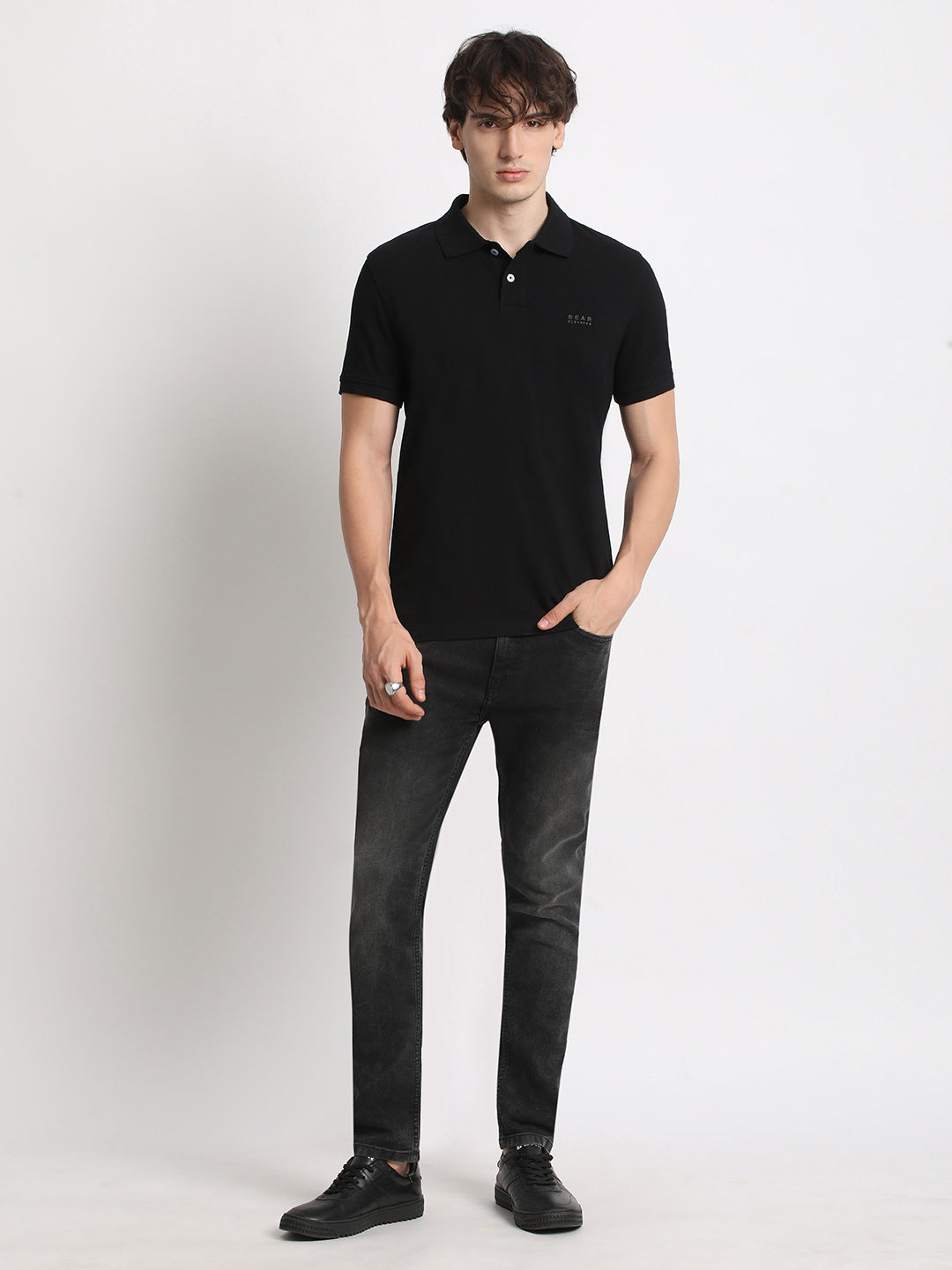 Men Black Solid Slim Fit Polo Collar T-shirt
