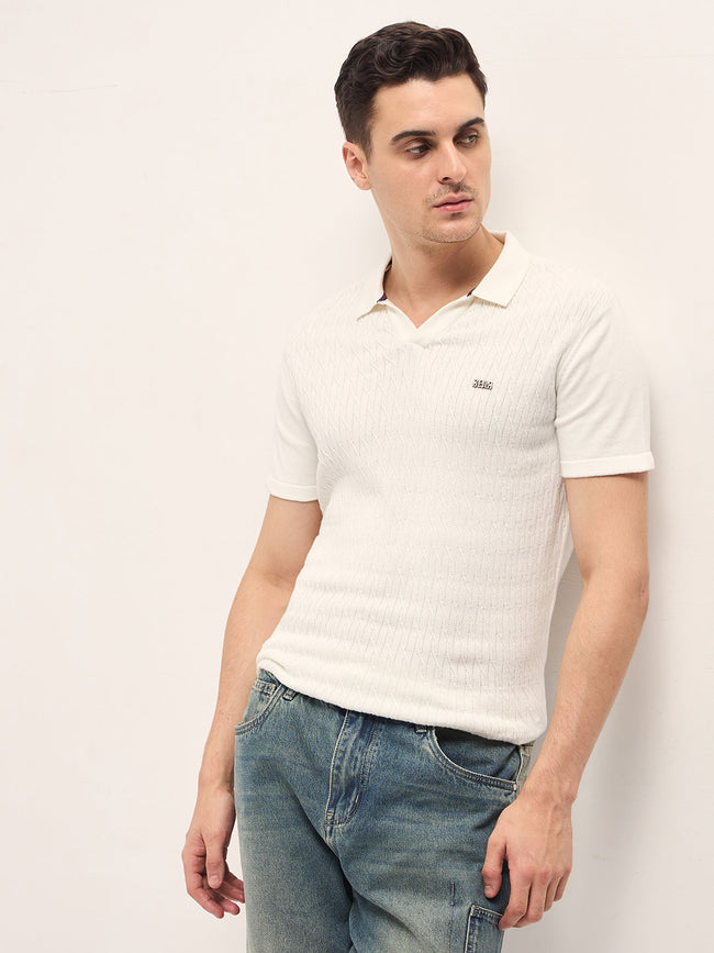 Men White Diagonal Knit Texture Regular Fit Polo