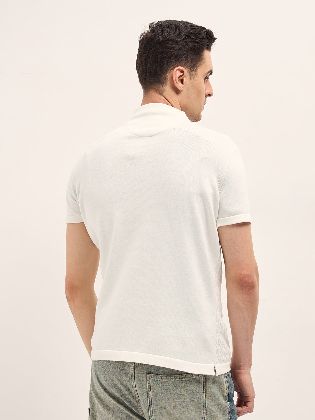 Men White Diagonal Knit Texture Regular Fit Polo