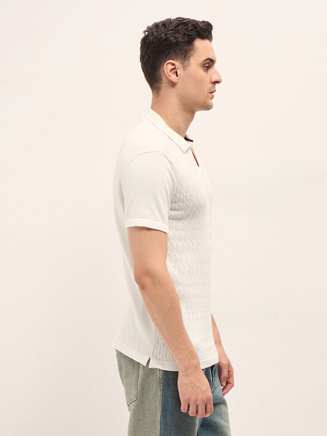 Men White Diagonal Knit Texture Regular Fit Polo