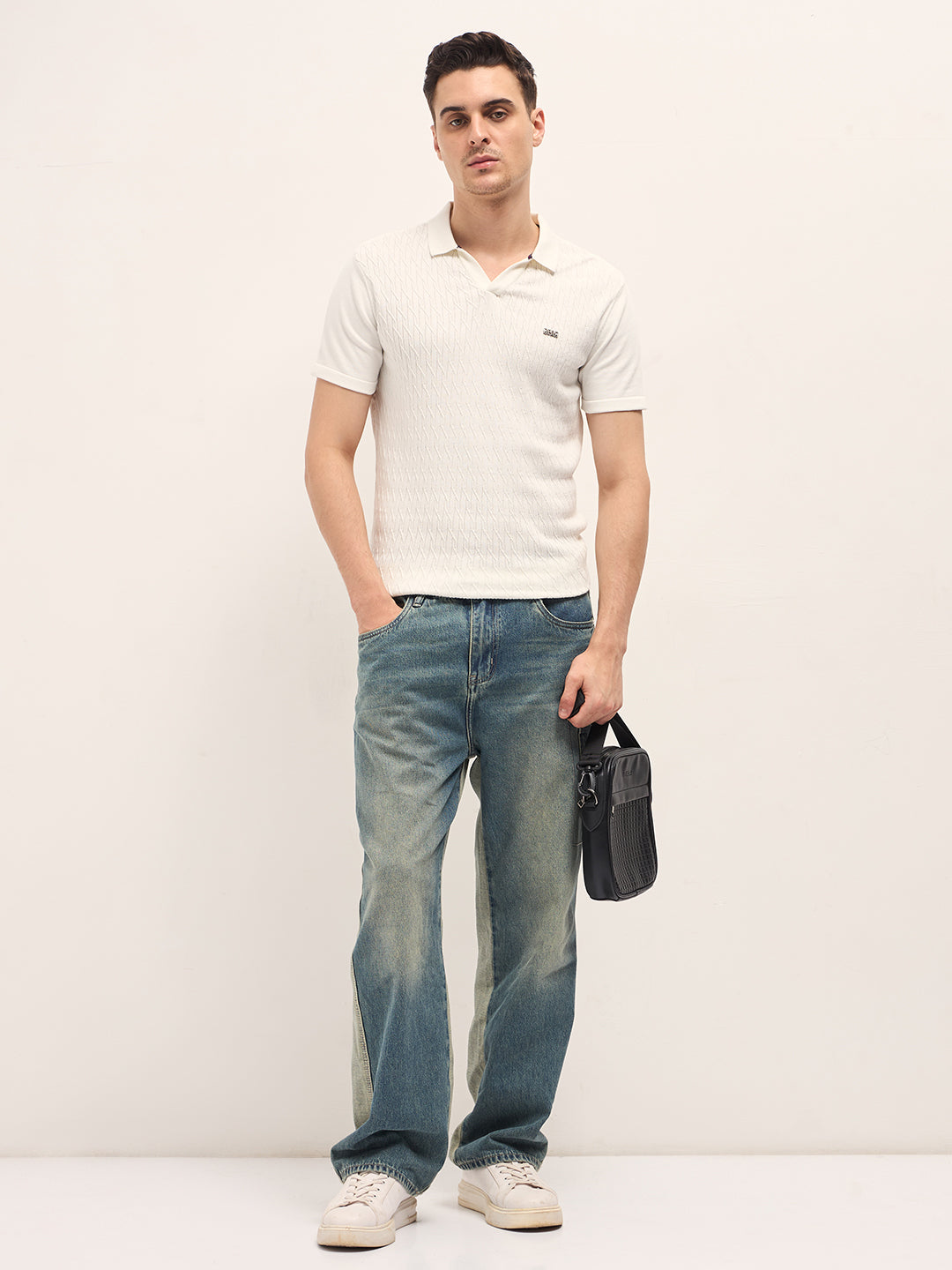 Men White Diagonal Knit Texture Regular Fit Polo