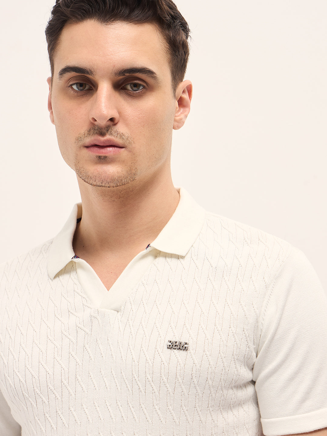 Men White Diagonal Knit Texture Regular Fit Polo