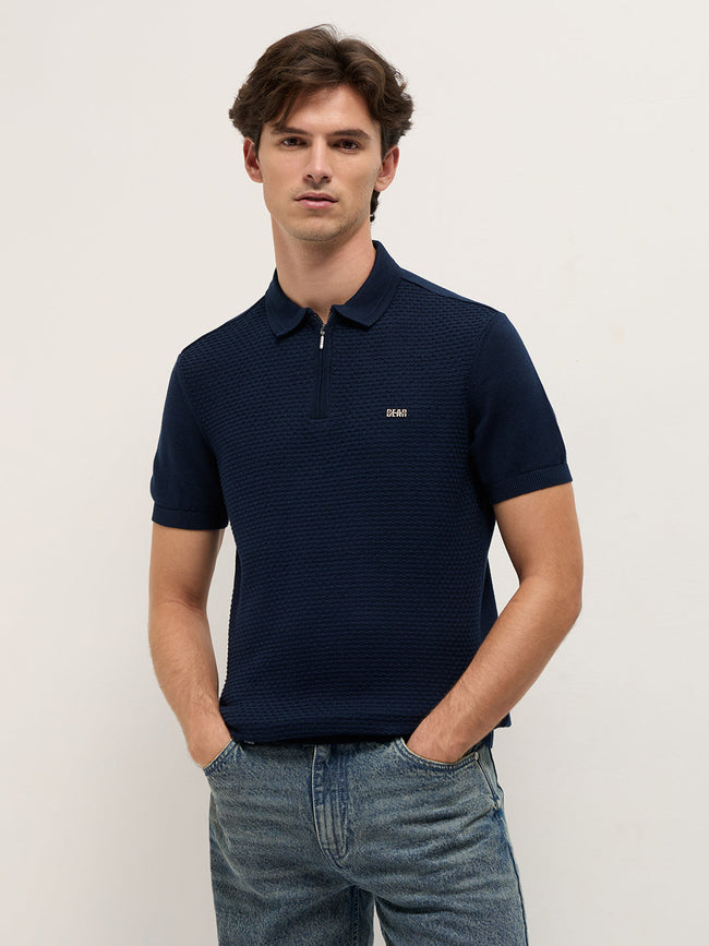 Men Navy Blue Textured Knit Design Regular Fit Polo