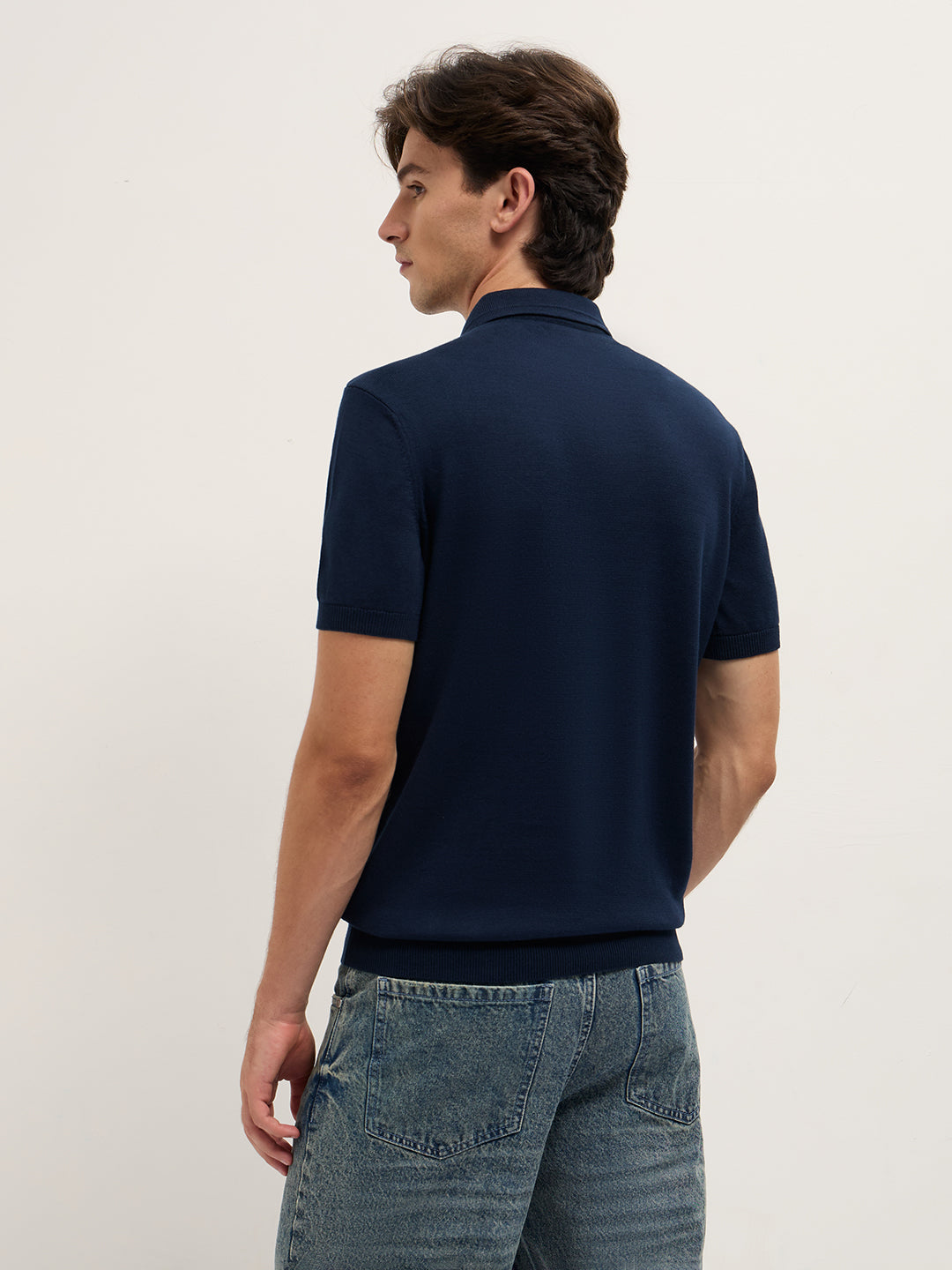 Men Navy Blue Textured Knit Design Regular Fit Polo