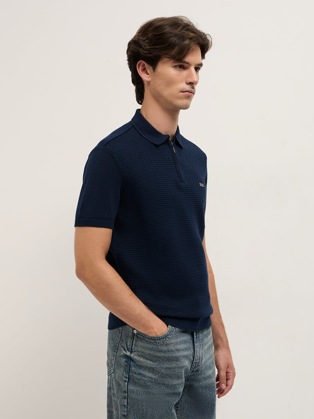Men Navy Blue Textured Knit Design Regular Fit Polo