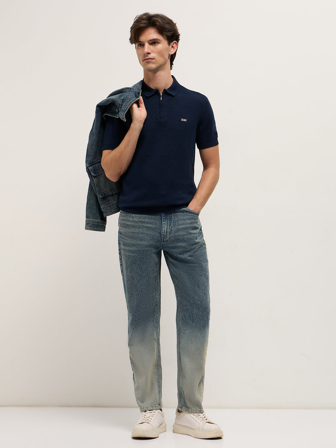 Men Navy Blue Textured Knit Design Regular Fit Polo