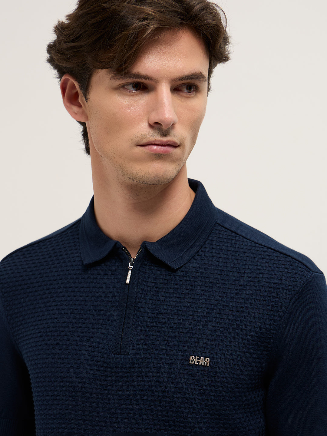Men Navy Blue Textured Knit Design Regular Fit Polo