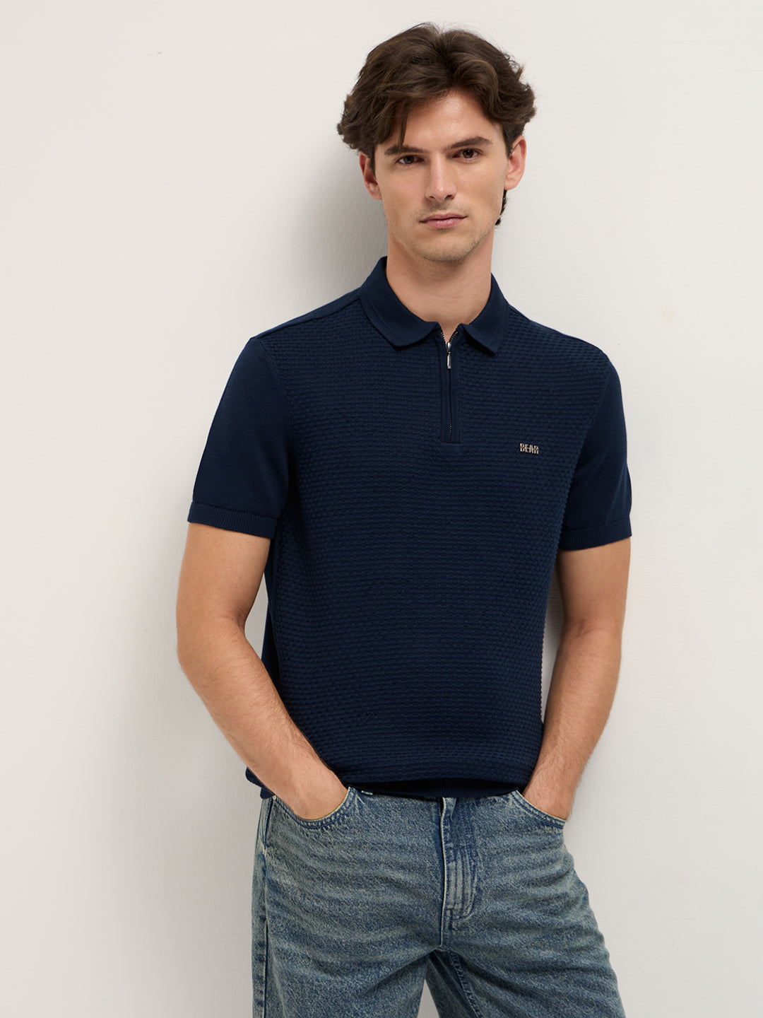 Men Navy Blue Textured Knit Design Regular Fit Polo
