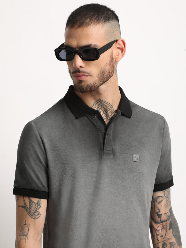 Men  Grey Faded Slim Fit Polo T-shirt