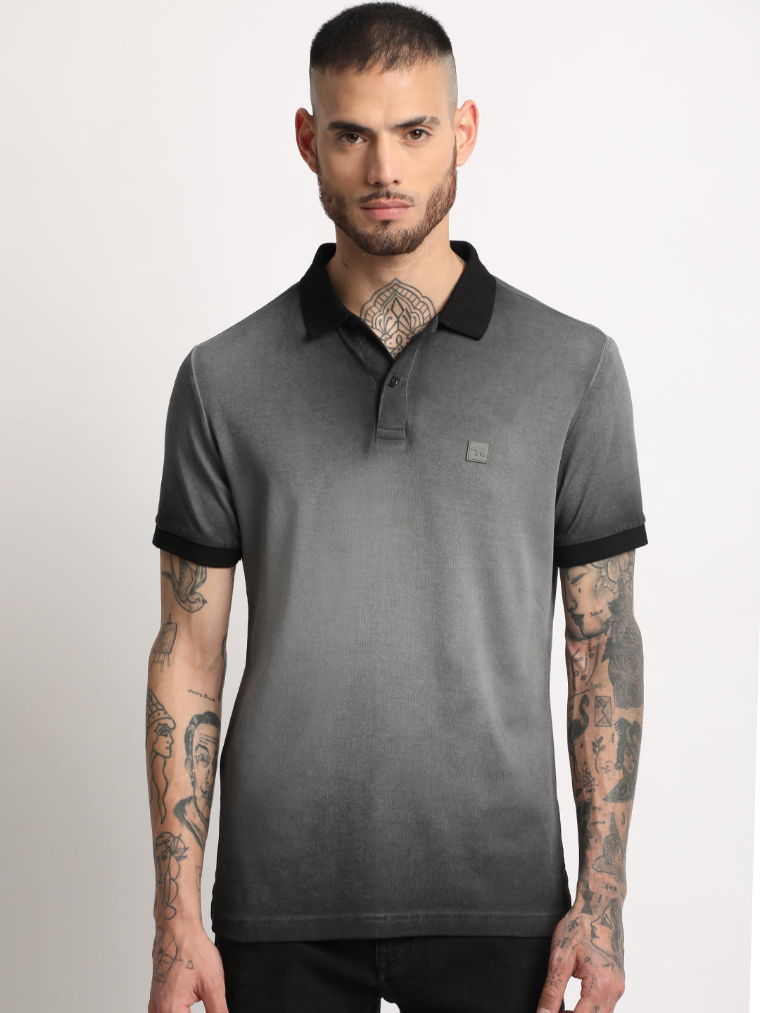Men  Grey Faded Slim Fit Polo T-shirt