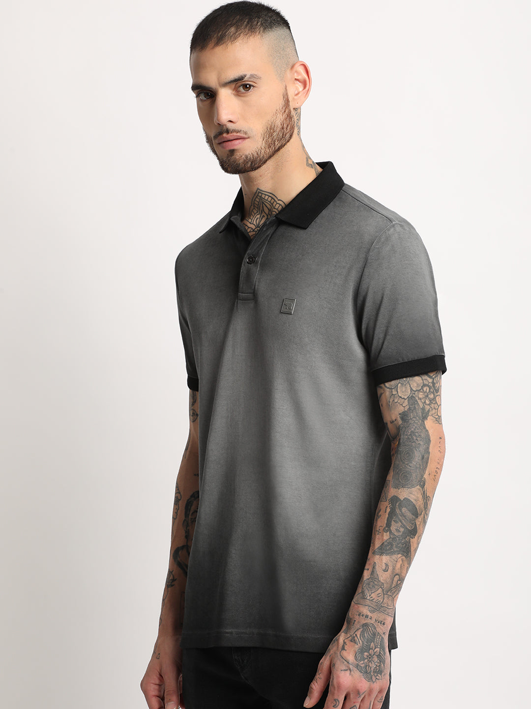 Men  Grey Faded Slim Fit Polo T-shirt