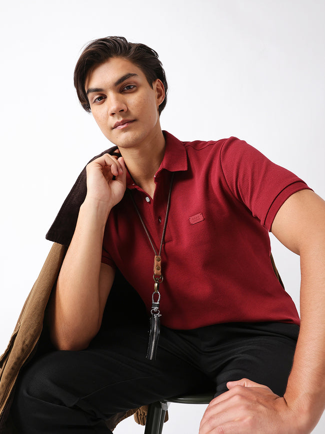 Men Maroon Solid Cotton Polo T-Shirt