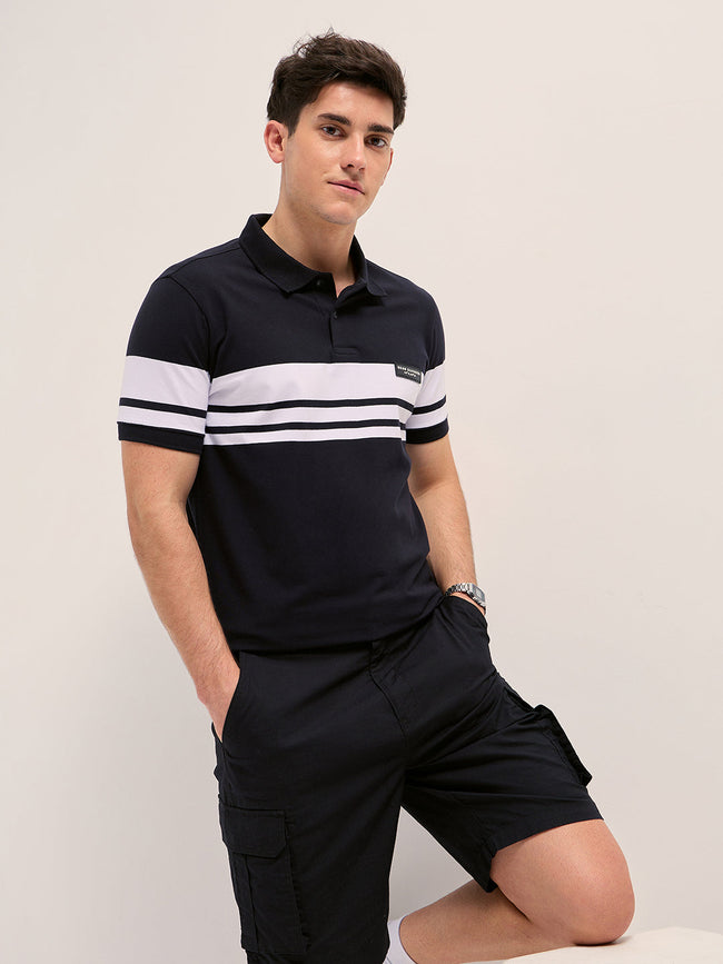 Men BlackWhite Stripes Regular Fit Polo T-shirt
