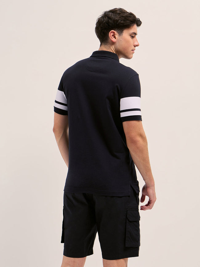 Men BlackWhite Stripes Regular Fit Polo T-shirt