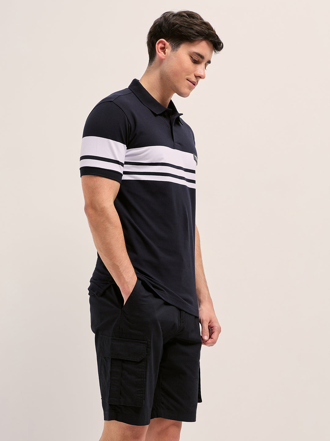 Men BlackWhite Stripes Regular Fit Polo T-shirt