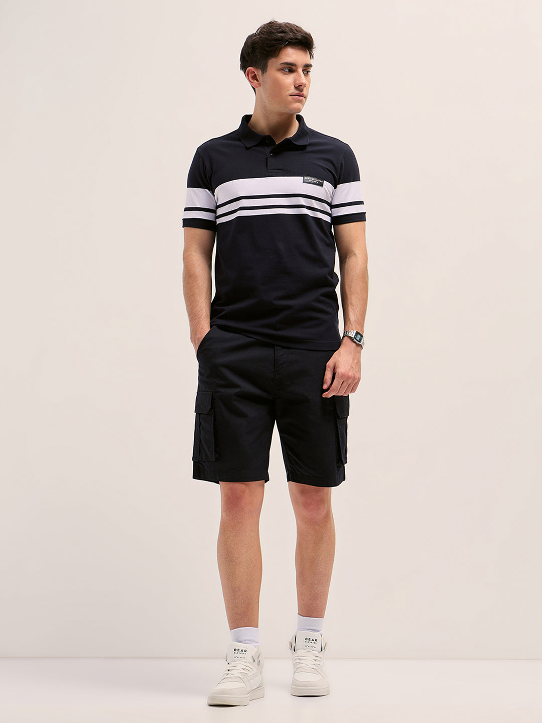 Men BlackWhite Stripes Regular Fit Polo T-shirt