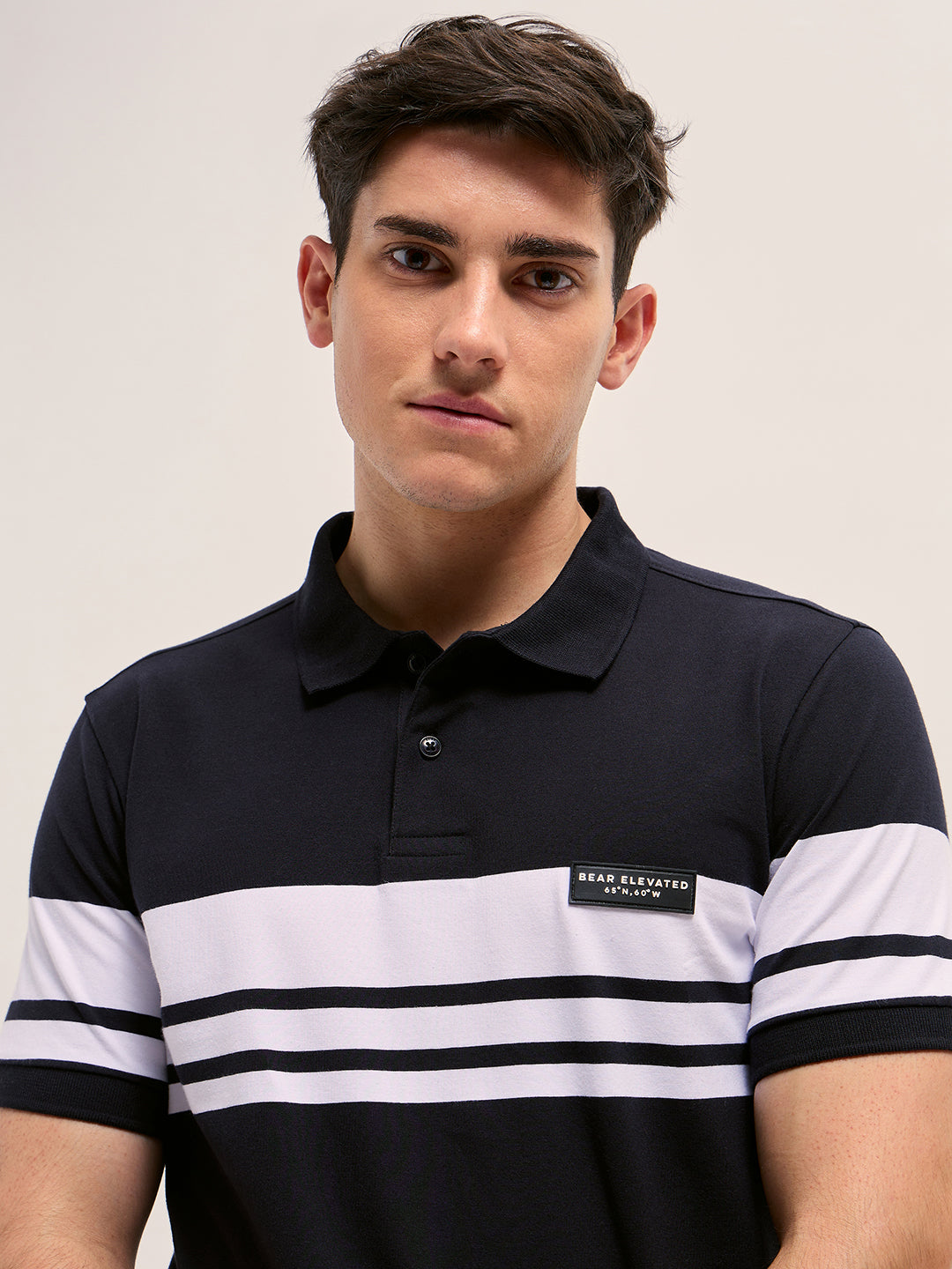 Men BlackWhite Stripes Regular Fit Polo T-shirt
