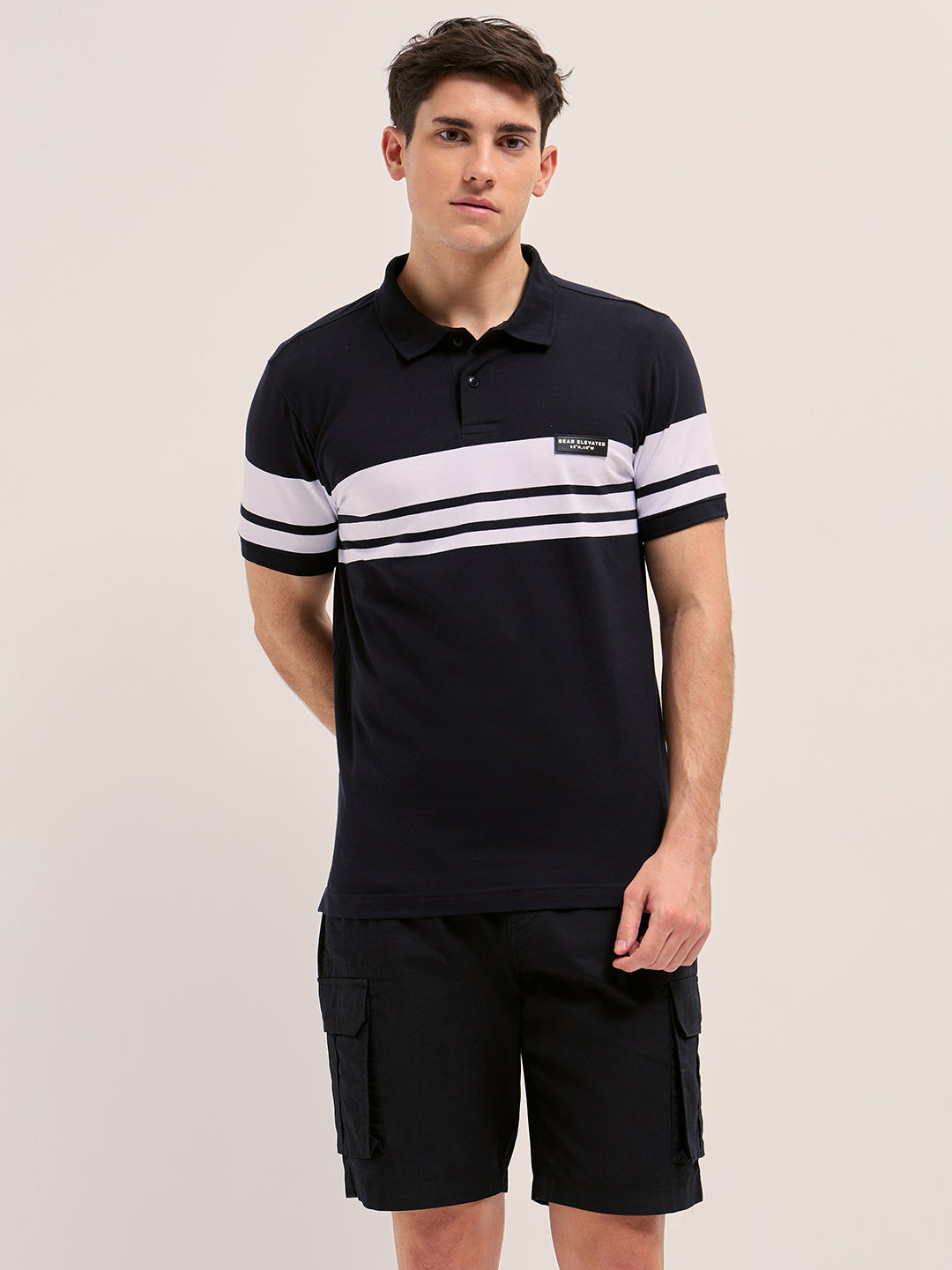 Men BlackWhite Stripes Regular Fit Polo T-shirt