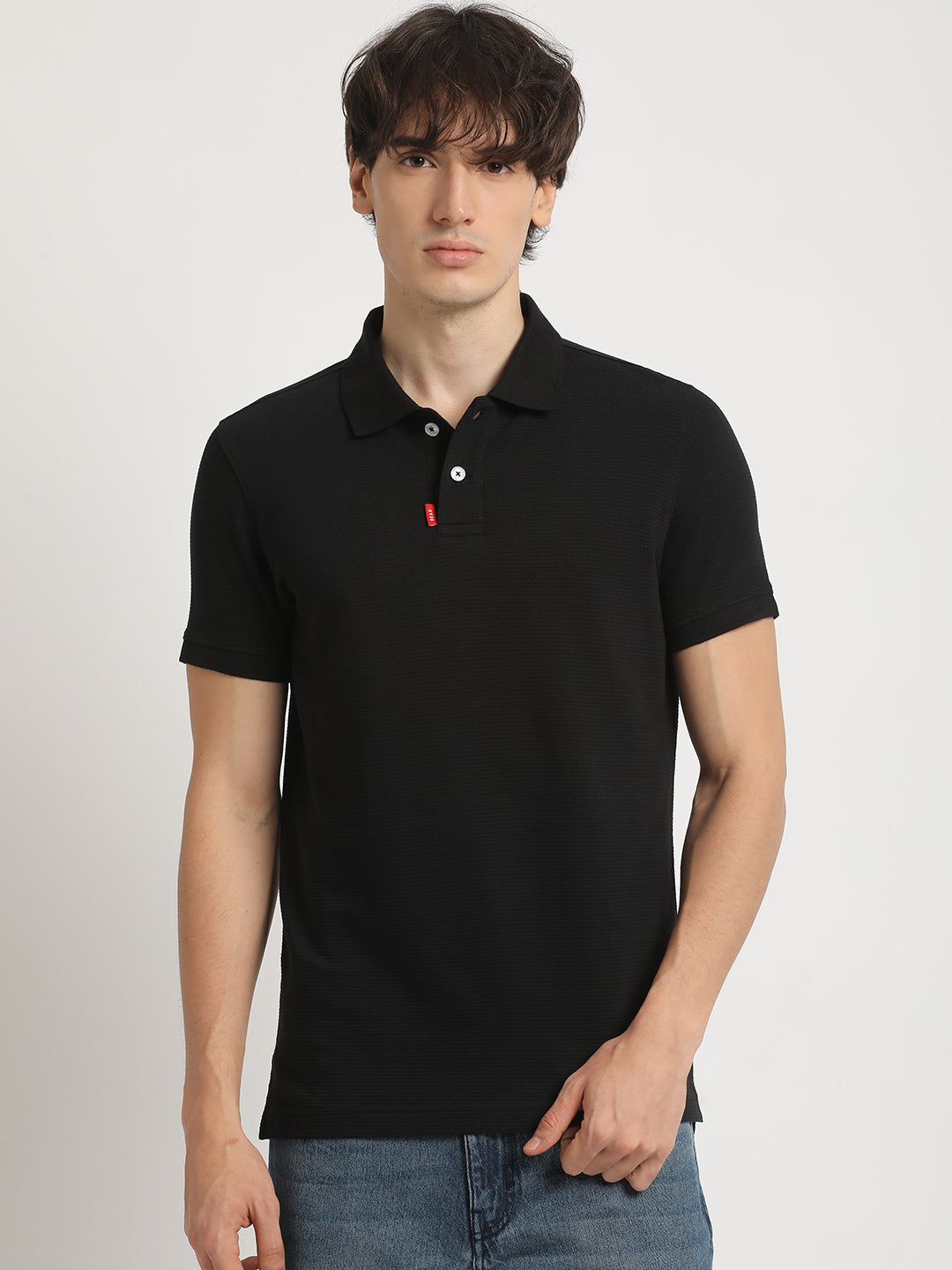 Men Black Self Design Regular Fit Polo Collar Tshirt