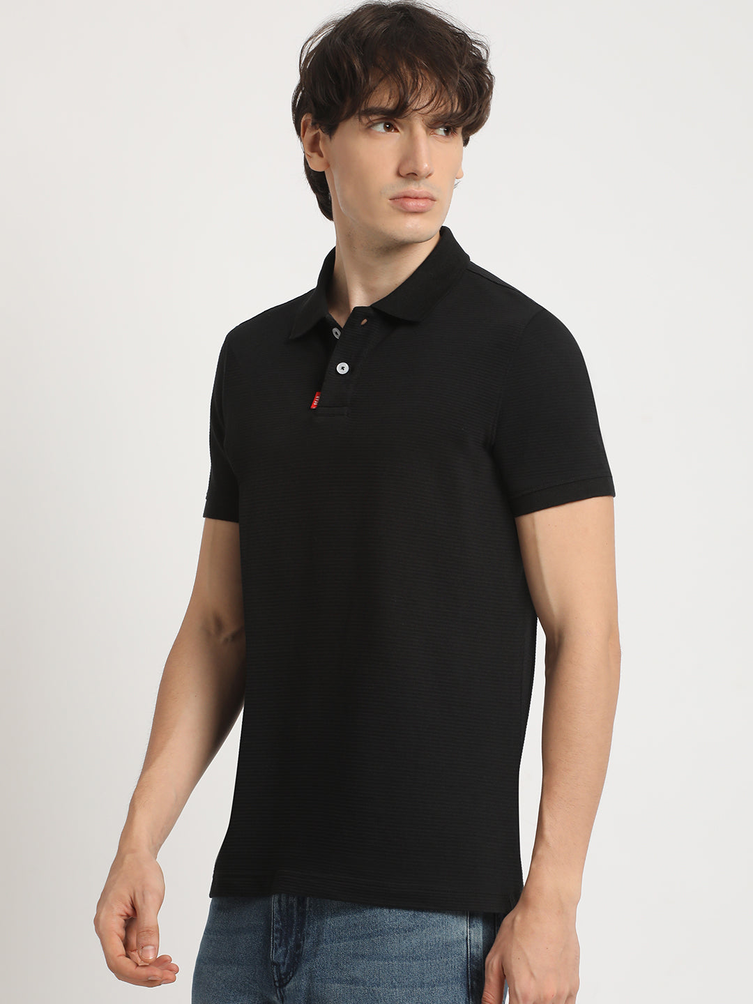Men Black Self Design Regular Fit Polo Collar Tshirt