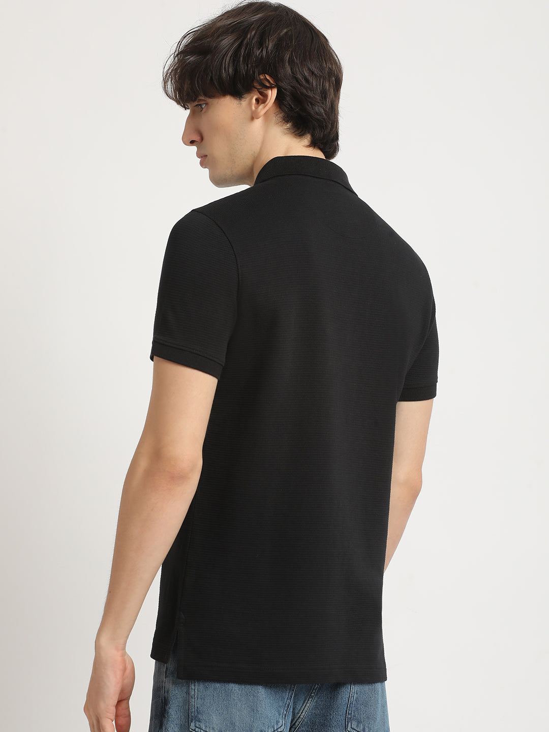 Men Black Self Design Regular Fit Polo Collar Tshirt