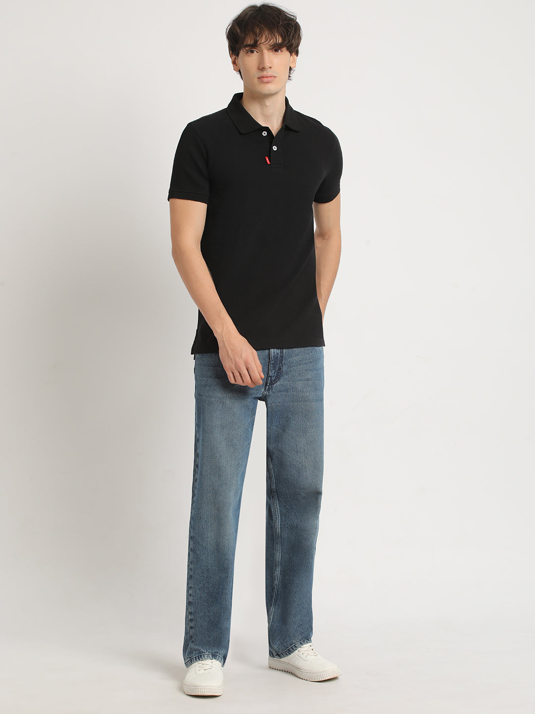 Men Black Self Design Regular Fit Polo Collar Tshirt
