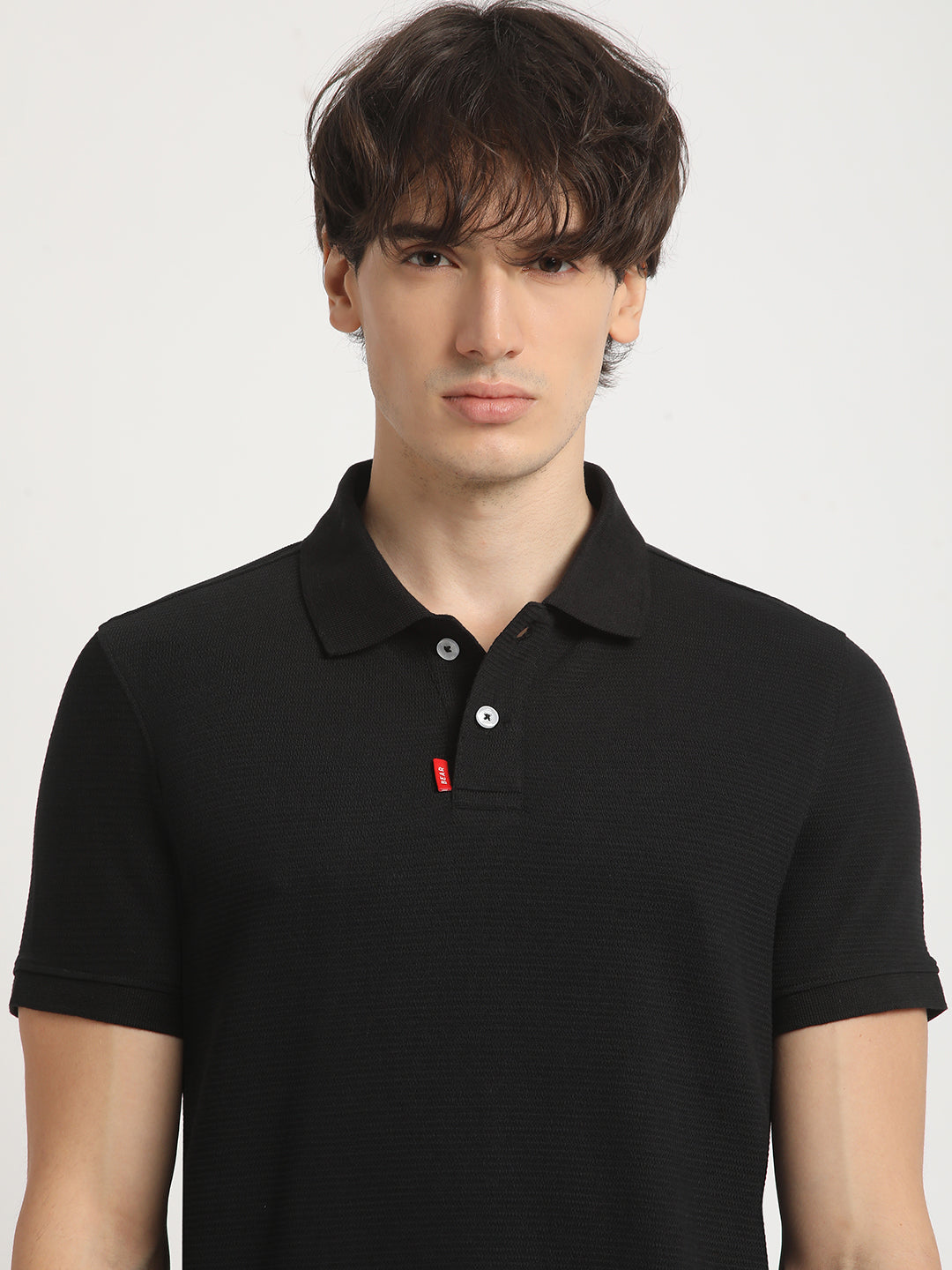 Men Black Self Design Regular Fit Polo Collar Tshirt