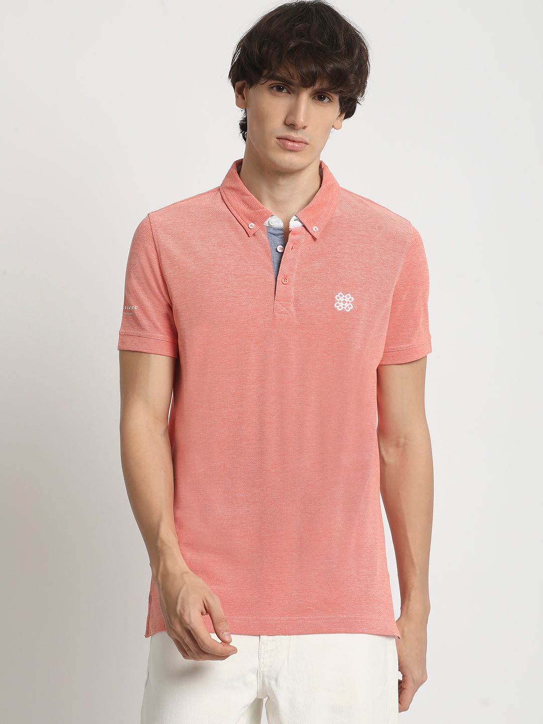 Men Peach Solid Regular Fit Polo Collar T-shirt