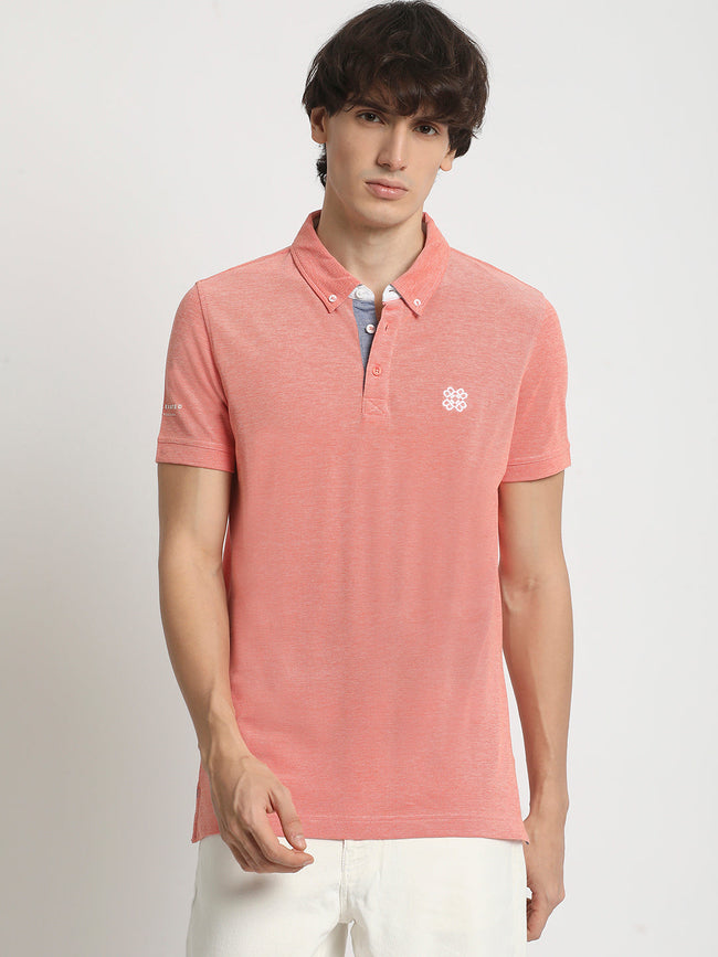 Men Peach Solid Regular Fit Polo Collar T-shirt