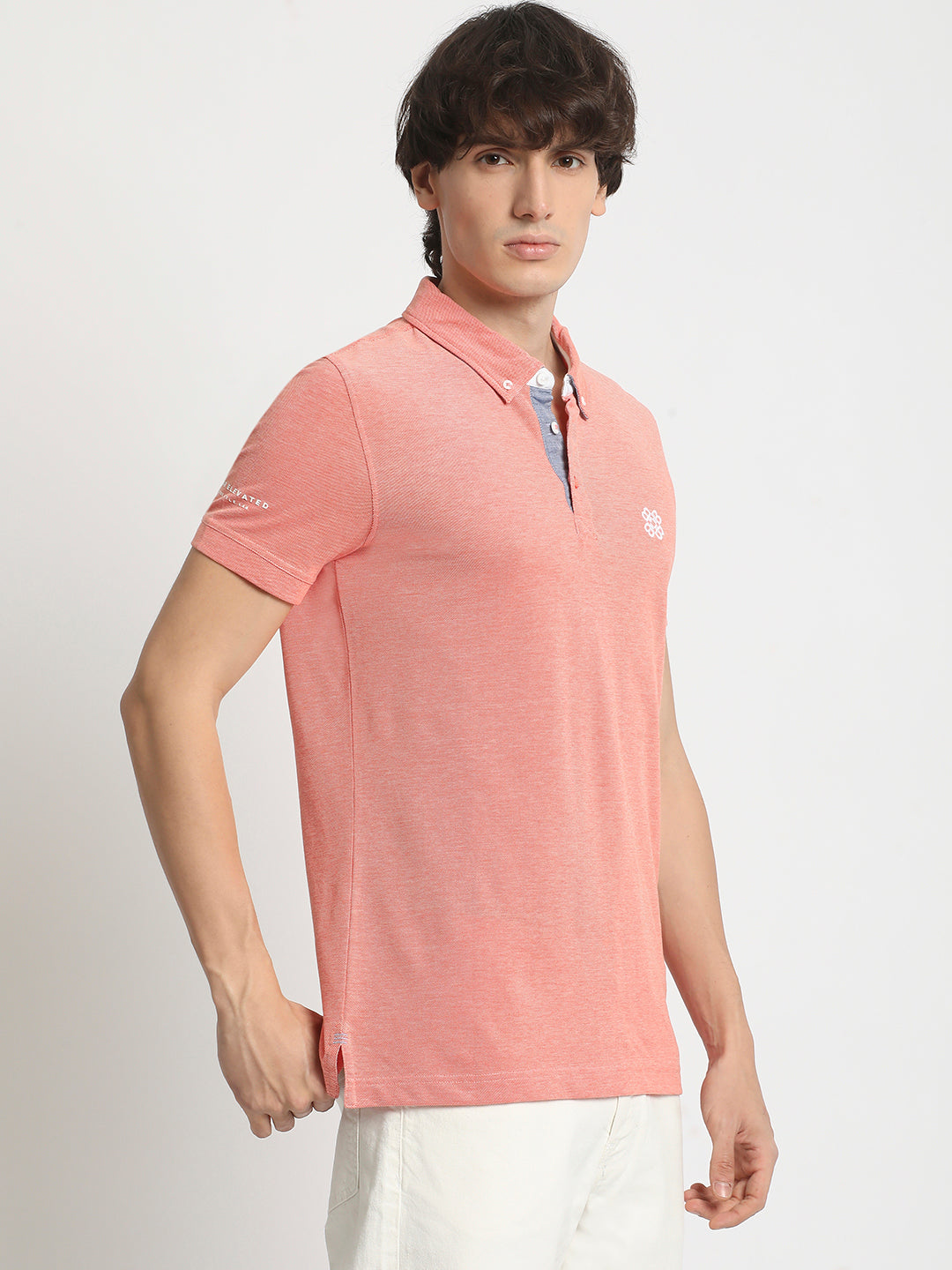 Men Peach Solid Regular Fit Polo Collar T-shirt