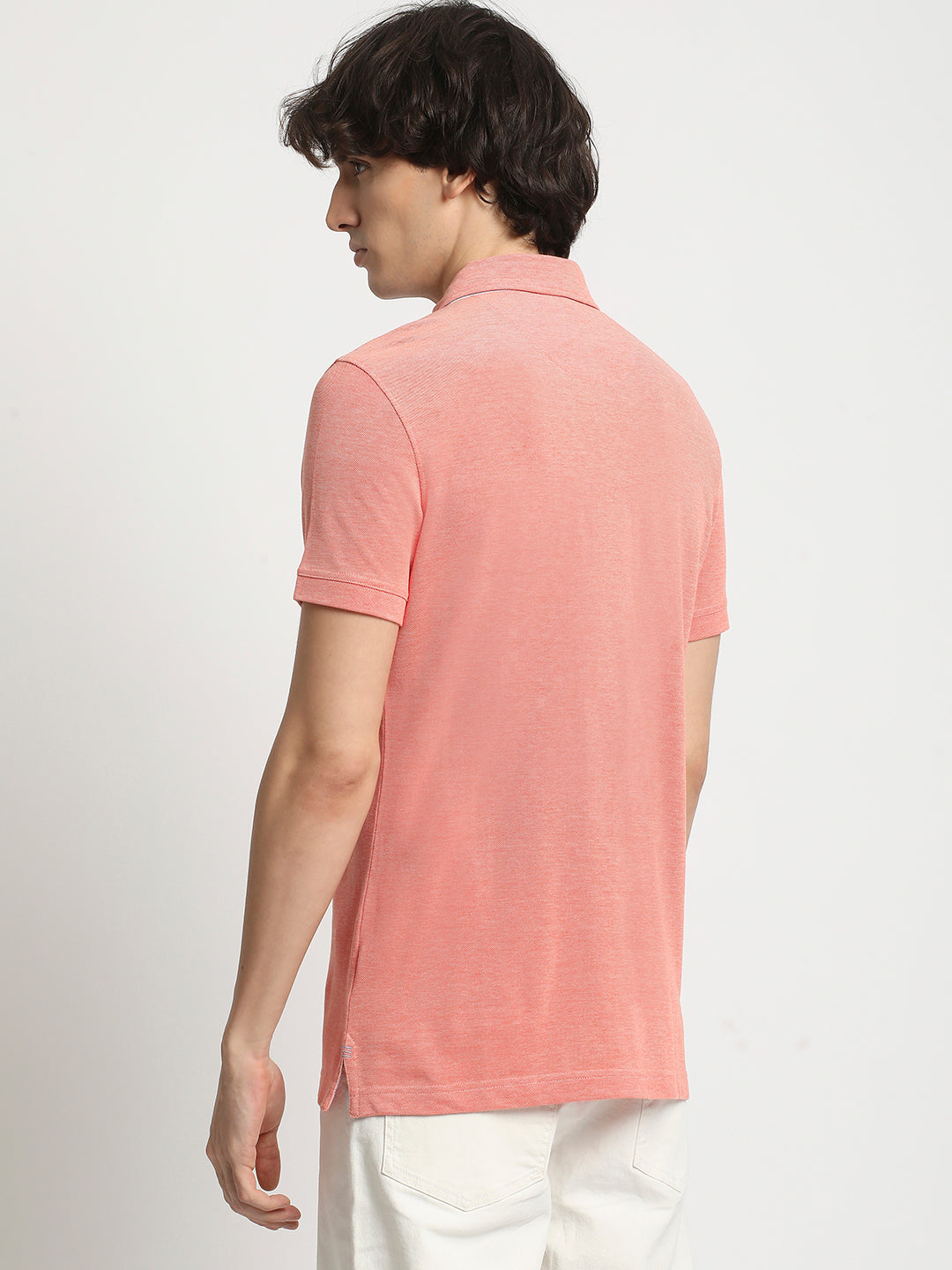 Men Peach Solid Regular Fit Polo Collar T-shirt