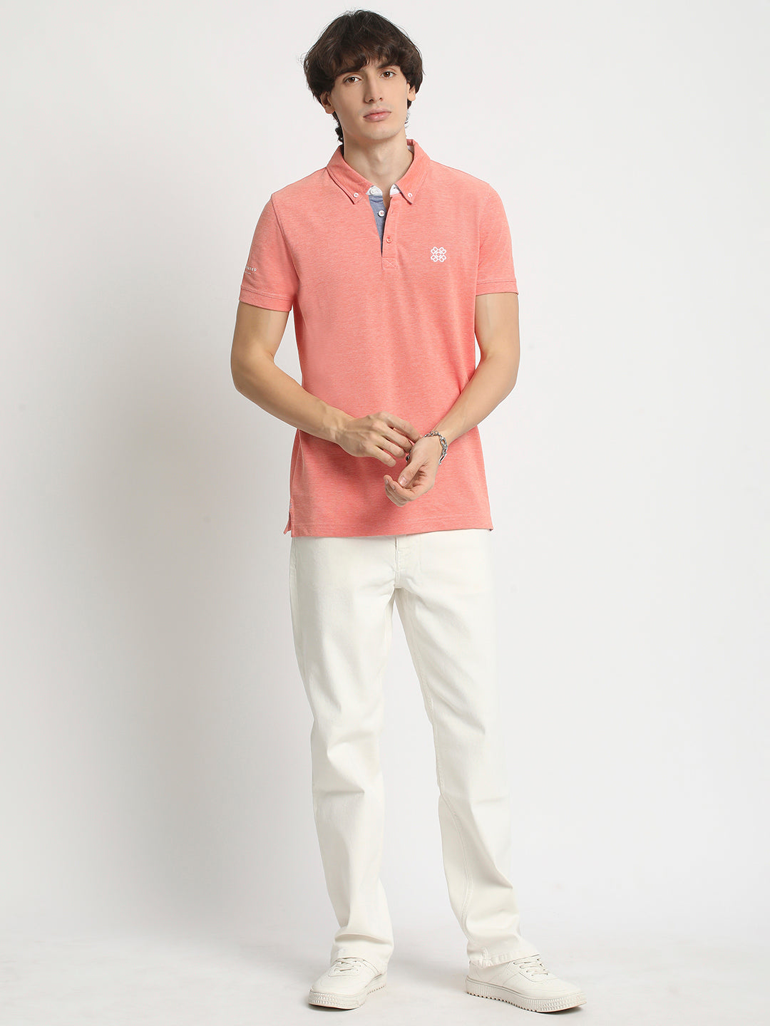 Men Peach Solid Regular Fit Polo Collar T-shirt