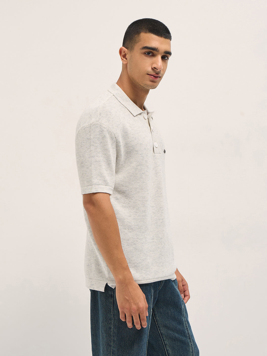 Men White Textured Knit Relaxed Fit Polo