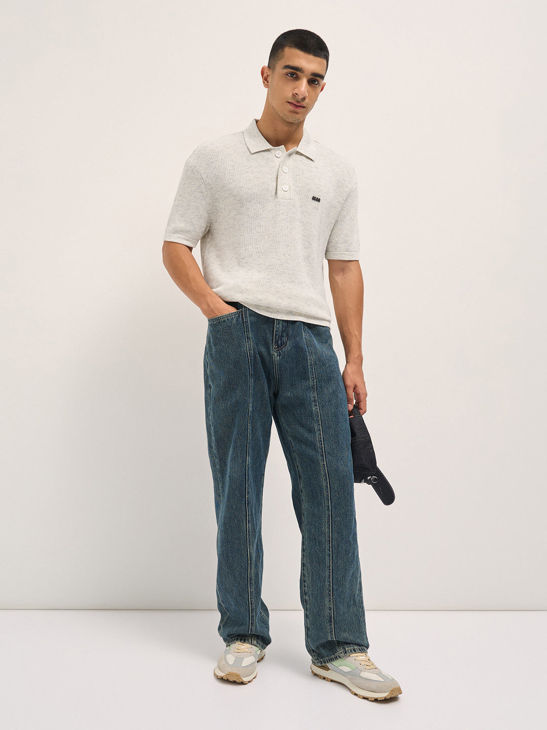 Men White Textured Knit Relaxed Fit Polo